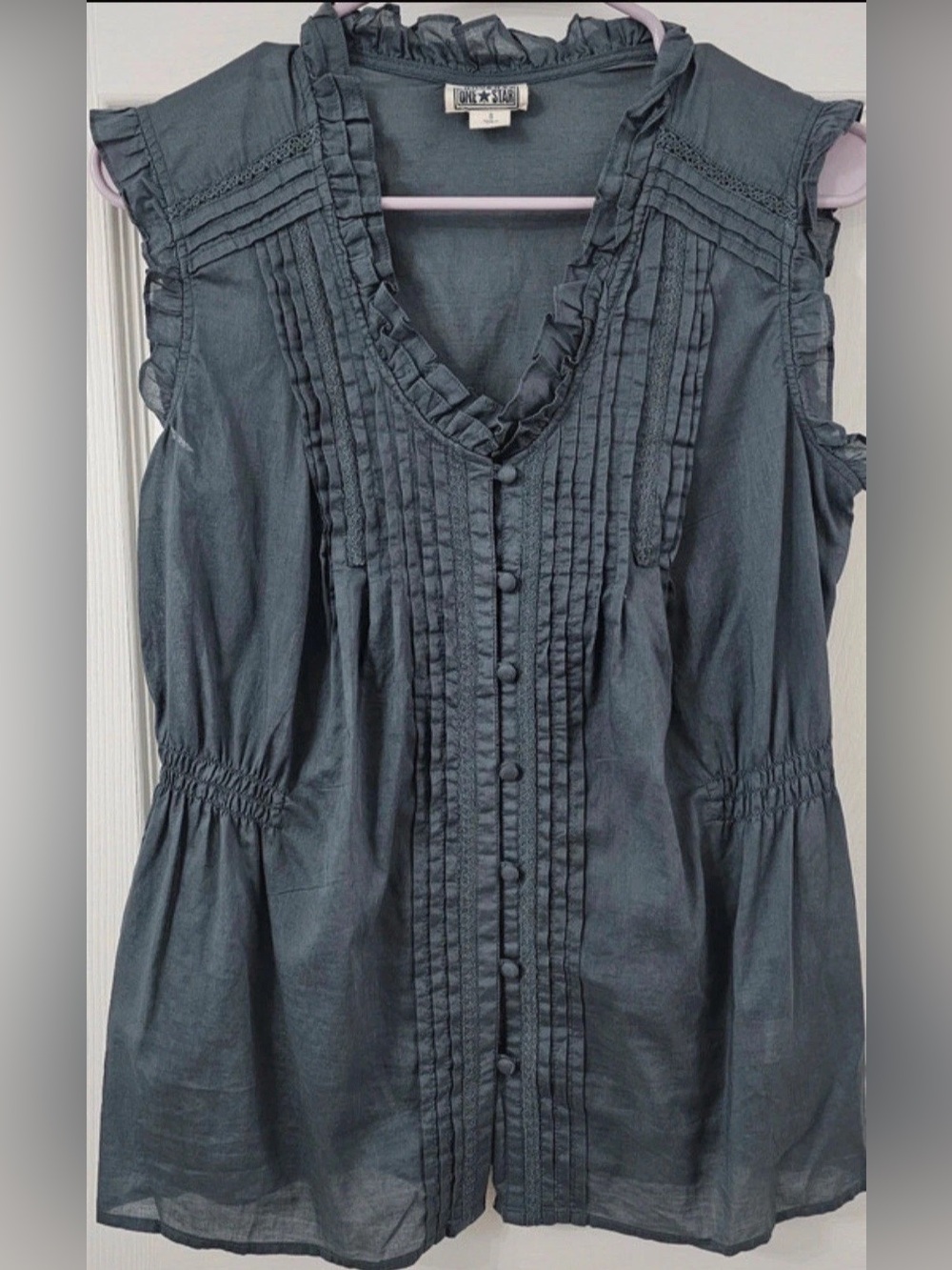 Converse One Star Women Blue Gray V-Neck Sleeveless Sheer Ruffle Blouse Top S